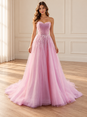 Blush Embellished Tulle A-Line Gown