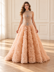 Champagne Beaded Ruffle Mermaid Gown