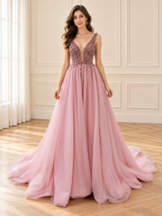 Blush Beaded V-Neck A-Line Gown