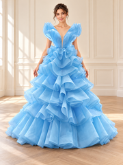 Sky Blue Sculptural Tiered Tulle Gown