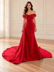 Scarlet Off-Shoulder Draped Mermaid Gown