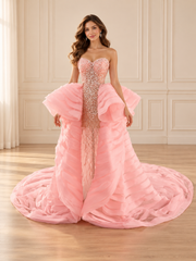 Blush Beaded Gown with Detachable Ruffled Train