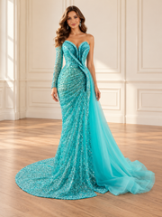 Turquoise Sculpted Illusion-Sleeve Gown