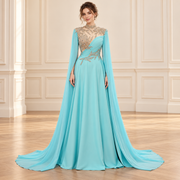Turquoise Beaded Cape A-Line Gown