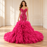Sculpted Beaded Ruffle Mermaid Gown