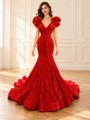 Sculpted-Shoulder Beaded Mermaid Gown