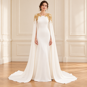 Ivory Gold-Beaded Cape Mermaid Gown