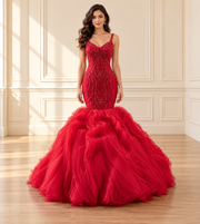 Scarlet Beaded Ruffle Mermaid Gown
