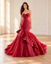 Burgundy Satin & Ruffle Mermaid Gown