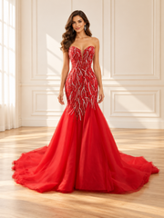 Scarlet Beaded Tulle Mermaid Gown