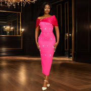 Pink Pearl Embrace" Off-Shoulder Bandage Maxi Dress