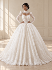 High-Neck Long-Sleeve Lace Ballgown — pose 1