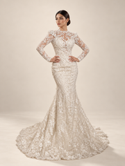 3D Floral Lace Long-Sleeve Mermaid Bridal Gown — VNCC-763, studio view 1