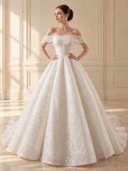 Straight Off-Shoulder Pleated Lace Ballgown, view 1