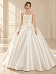 Pearl-Embroidered Corset Satin Ballgown, view 1