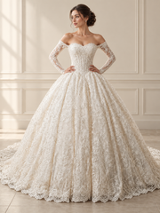 Off-Shoulder Long-Sleeve Lace Ballgown, view 1