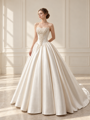 Pearl Scroll Basque-Waist Satin Ballgown, view 1