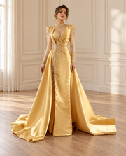 Gold Beaded Satin Gown model preview