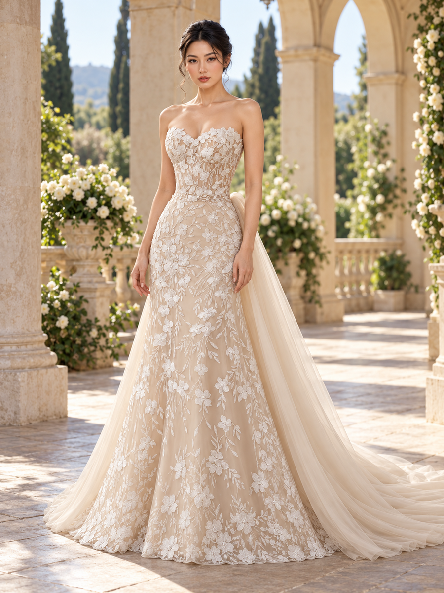 Floral lace bridal gown in an Italian garden
