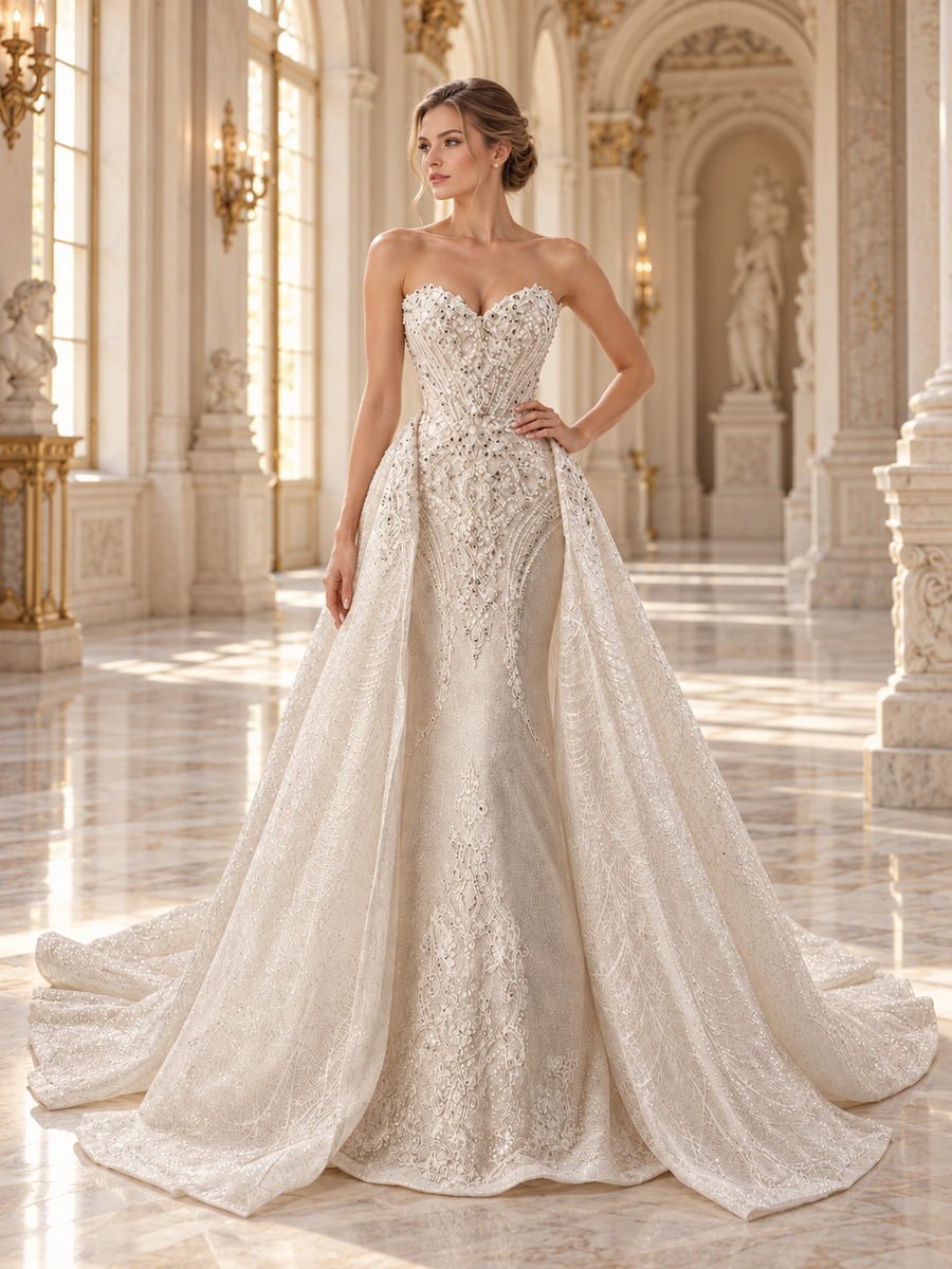 Embellished bridal gown with overskirt in a palace gallery