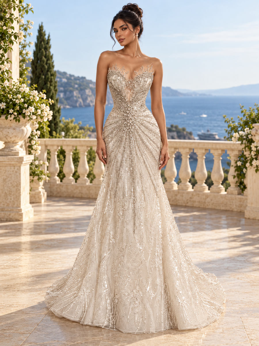 Crystal embellished bridal gown on a Mediterranean terrace