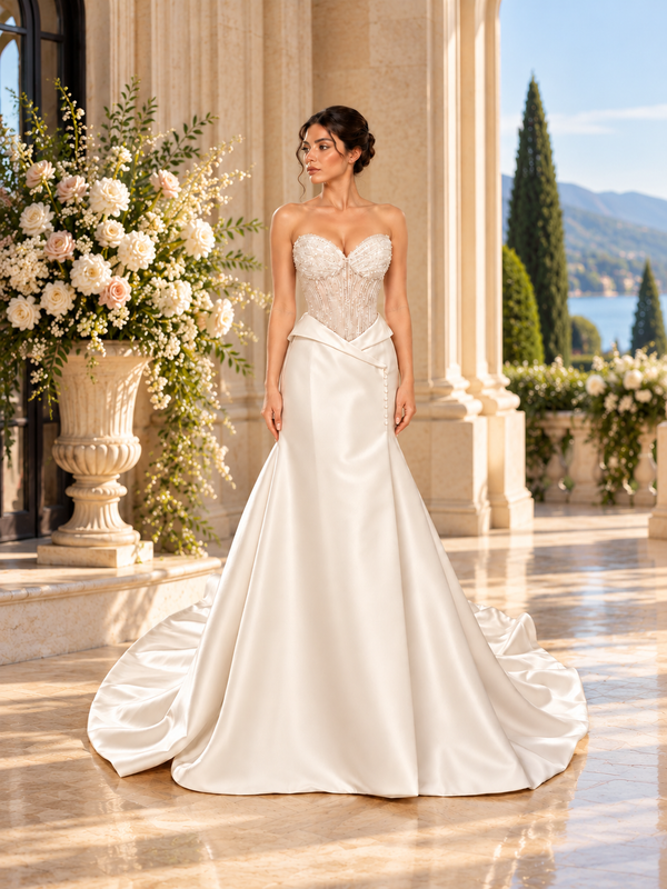 Ivory satin bridal gown with a beaded corset in an elegant lakeside villa