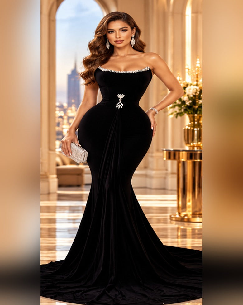 Black strapless mermaid evening gown styled on a model