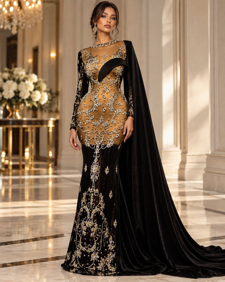 Black and gold embellished evening gown