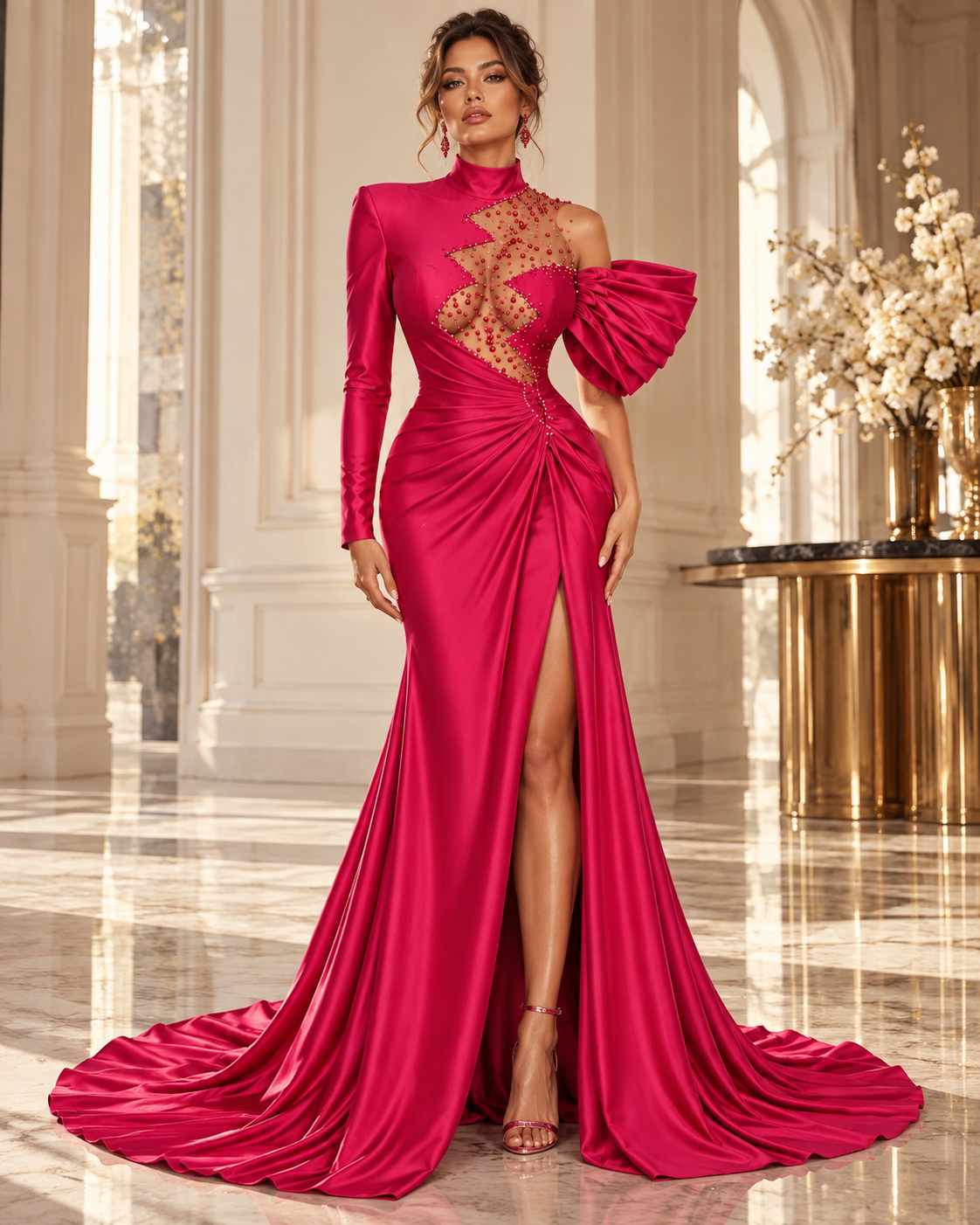 Editorial model styling of Fuchsia Crystal Illusion Evening Gown