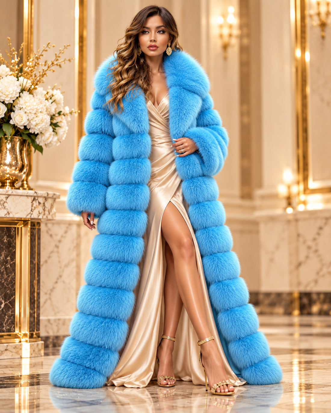 Sky blue luxury fur coat with elegant evening gown