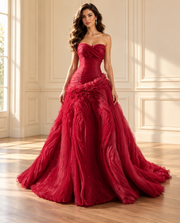 Burgundy Ruffled Tulle Gown model preview