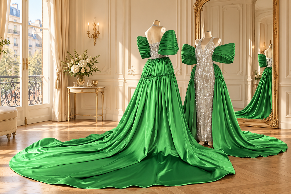 Green couture gown front and back