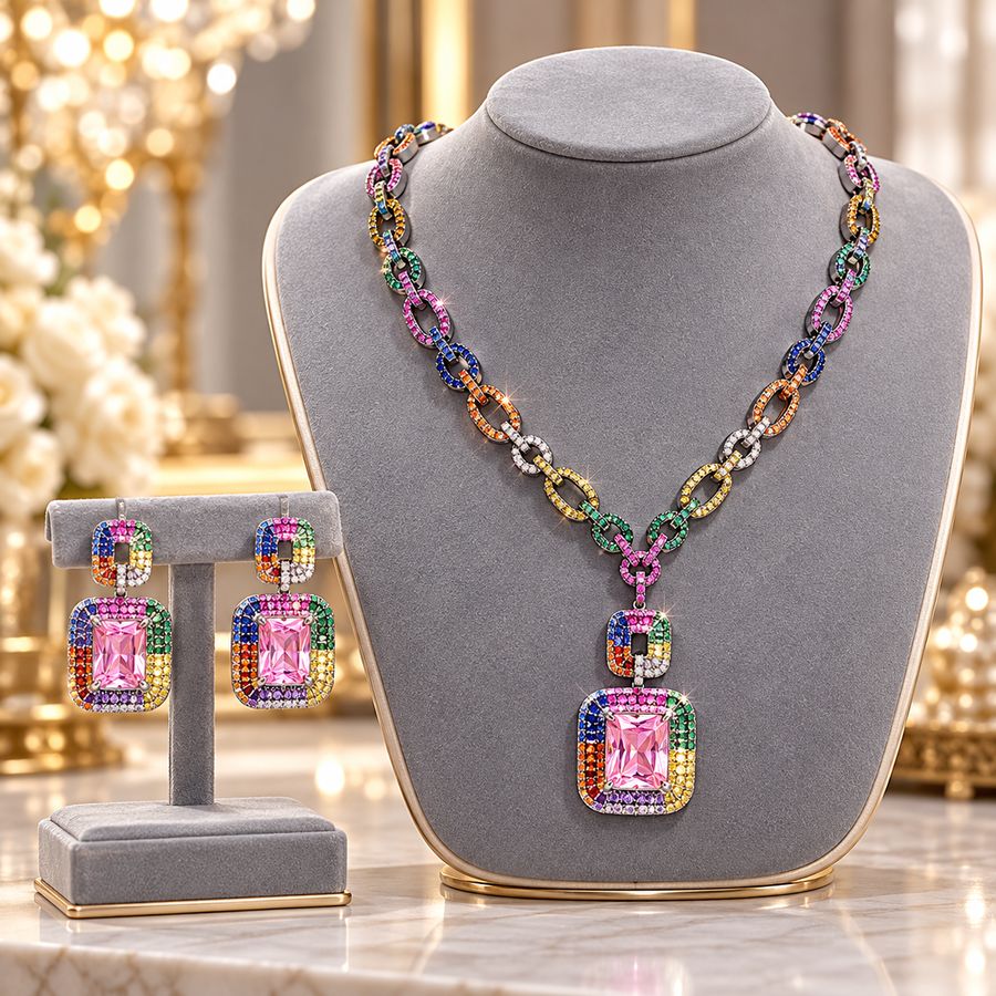 Rainbow gem chain and pink pendant jewellery