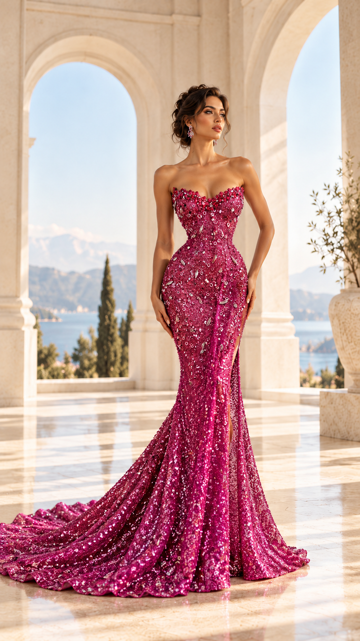 Model in a sparkling magenta mermaid gown for special occasions