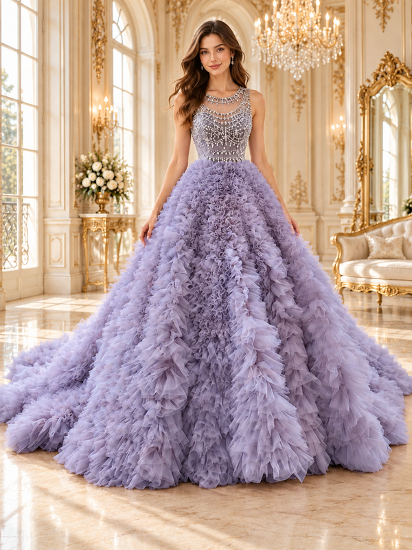 Lavender crystal bodice ruffled ballgown in a gilded salon