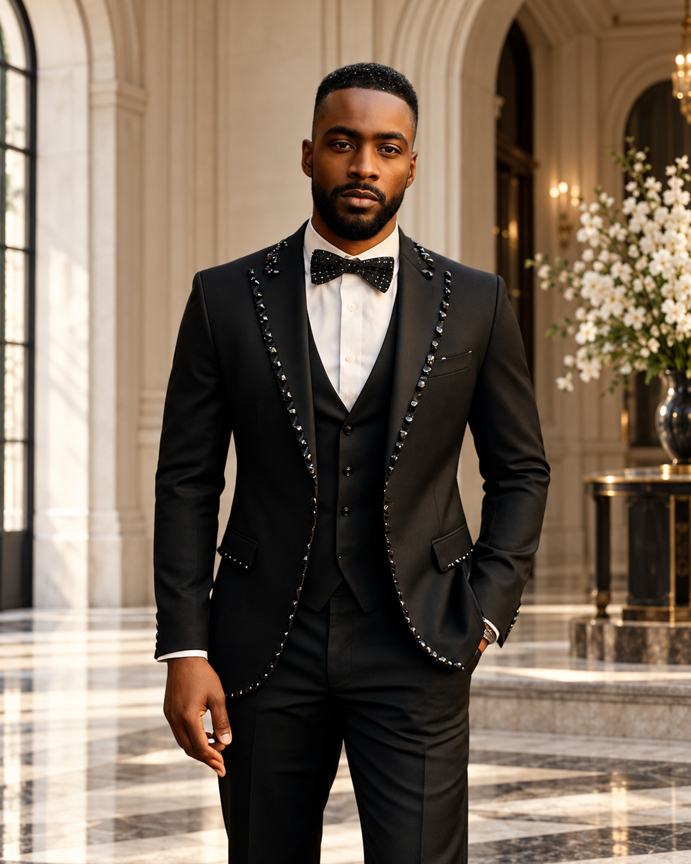 Black three-piece tuxedo with beaded lapels, luxury editorial portrait