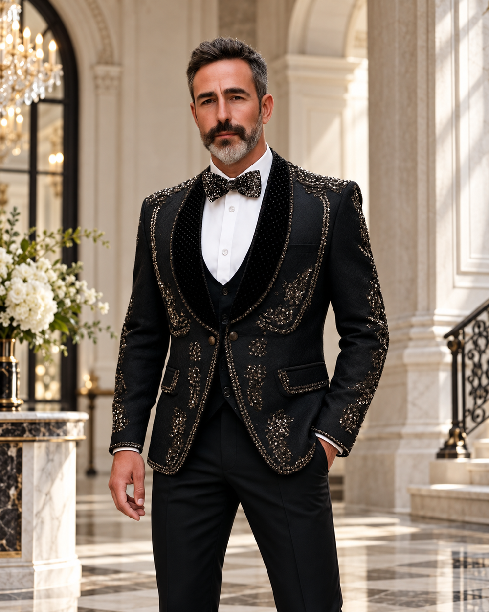 Black formal tuxedo with ornate embroidered detailing, luxury editorial portrait