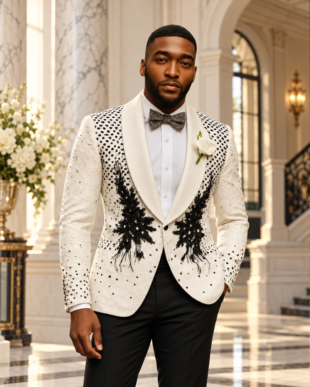 Ivory and black embroidered tuxedo jacket, luxury editorial portrait