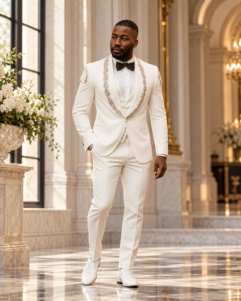 Ivory tuxedo with delicate embellished lapels, full-length luxury editorial