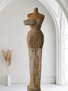 Silver Blooms Lace Gown – Floral Elegance with Embellished Shoulder