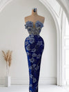 Sapphire Bloom – Long Blue Dress with Floral Design & Embellishments