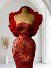 Crimson Ruffle Elegance – Mermaid Red Lace Dress with Embellishments