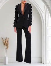 Bloom Noir" Floral Embroidered Black Pantsuit