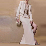 Long Sleeve Beige Crystal Embellished Skirt Suit: