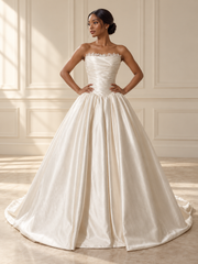 Lace-Edged Draped Satin Ballgown — full-length front